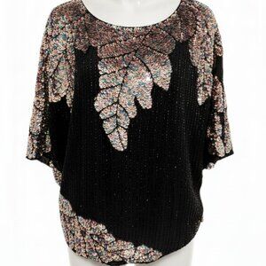 Vintage 1980s Black Sequin Leaf Design Dolman Top - Size Medium